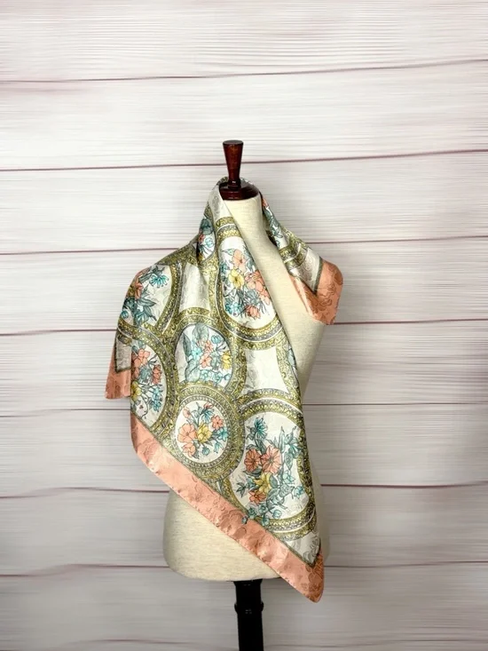 Silk Jacquard Square Scarf White Peach Floral Medallion Print Hand Rolled 29x29" - Picture 6 of 10